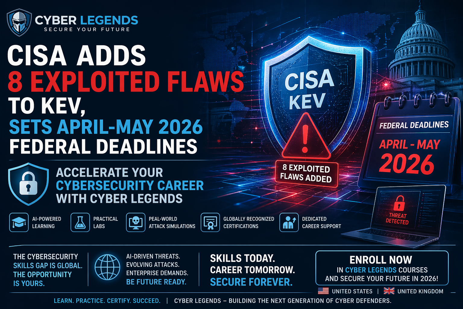 CISA Adds 8 Exploited Flaws to KEV, Sets April-May 2026 Federal Deadlines Accelerate Your Cybersecurity Career with Cyber Legends